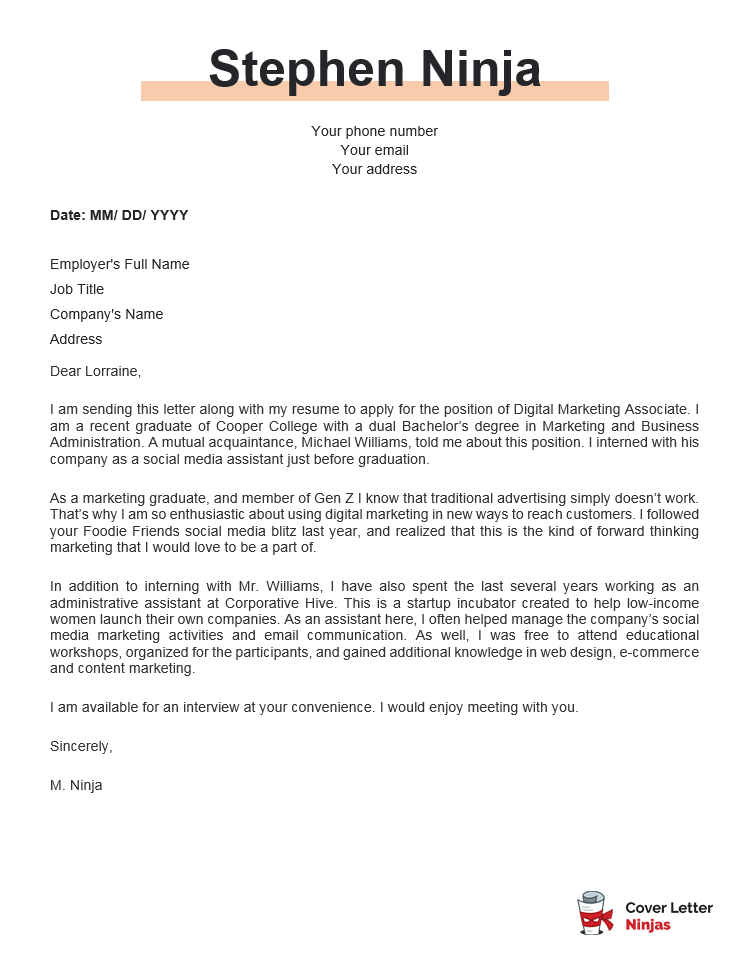 law graduate cover letter with no experience