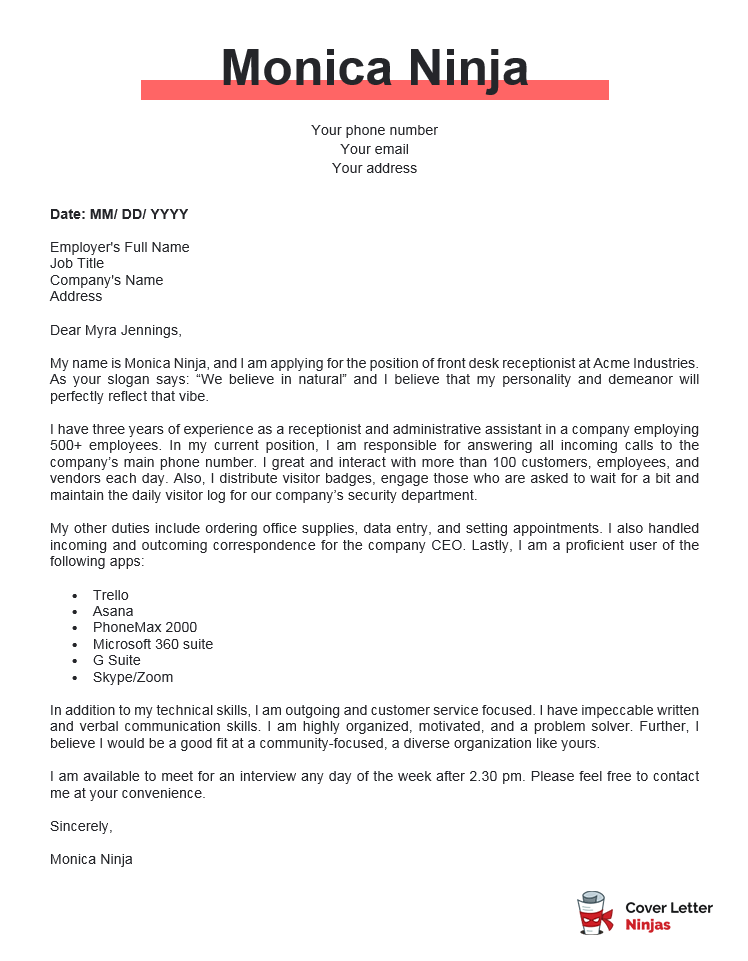 cover letter template for reception