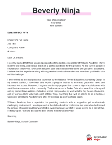 Cover Letter Example For School Counselors And Education Professionals   School Counselor Cover Letter Example 360x463 