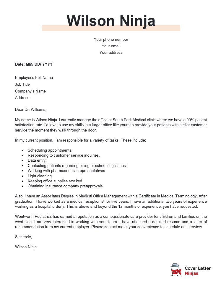 Medical Receptionist Cover Letter Example 