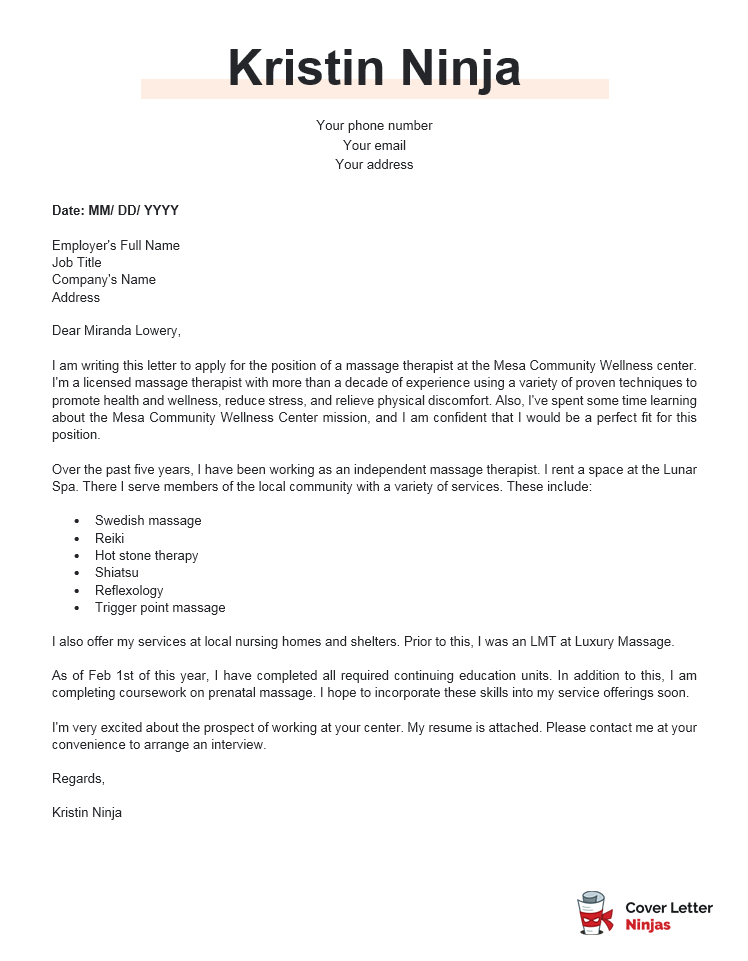 sample cover letter for massage therapist with no experience