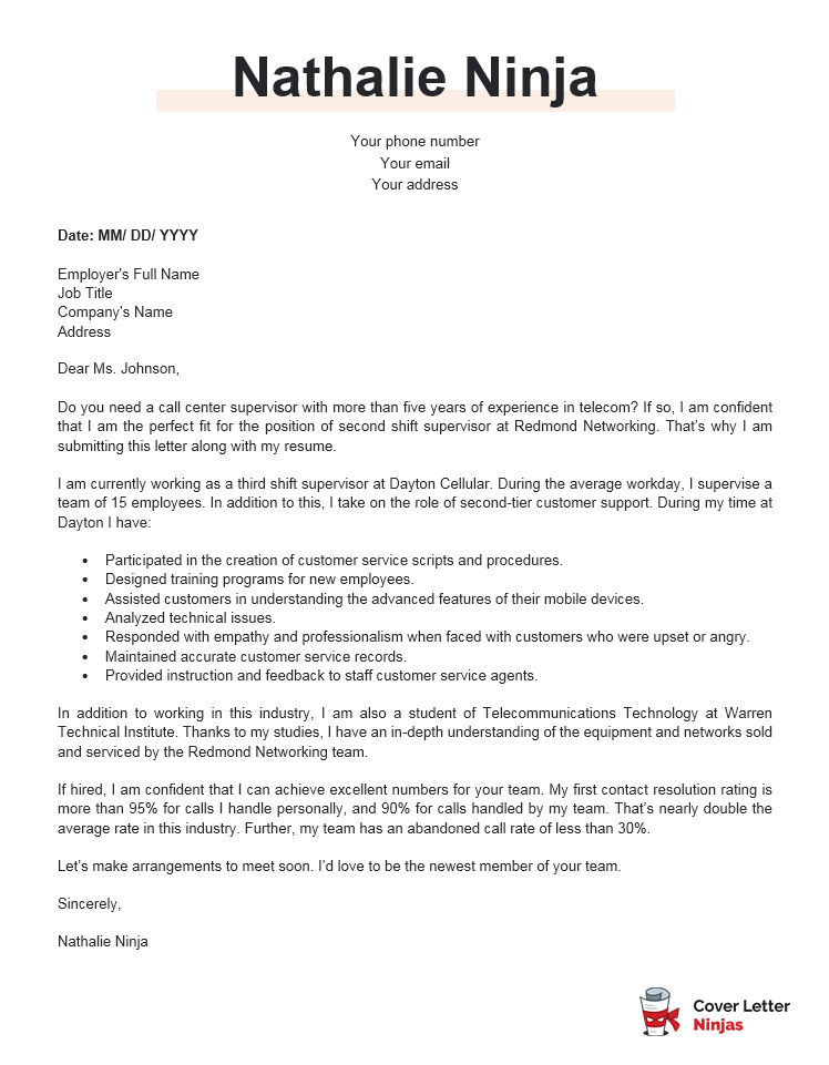 cover letter for call center without experience