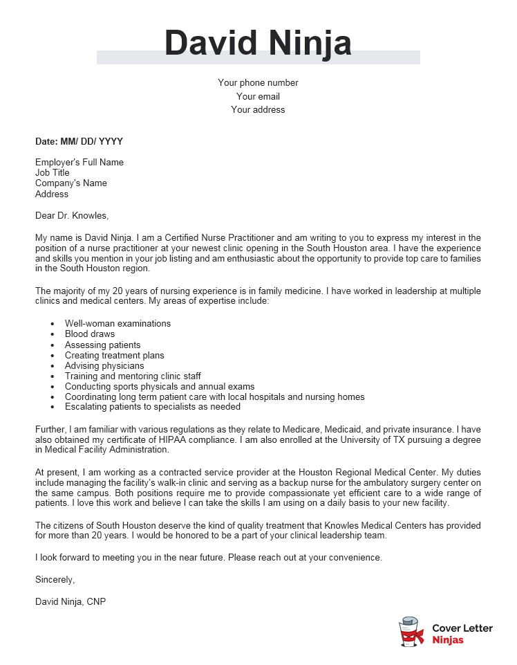 example cover letter for nurse practitioner