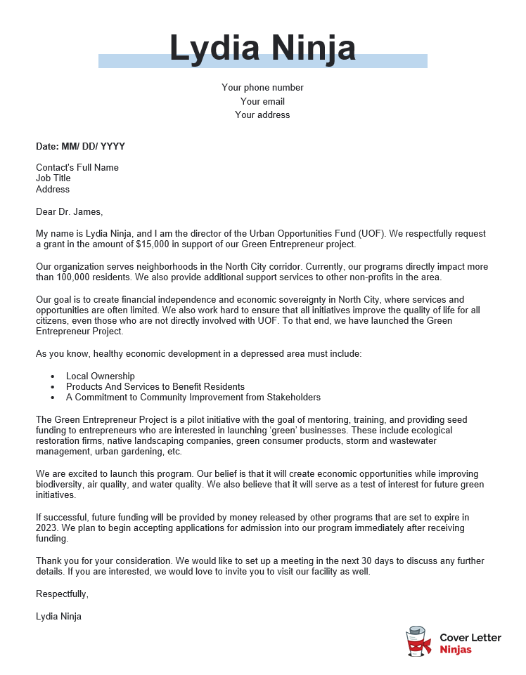 funding proposal cover letter