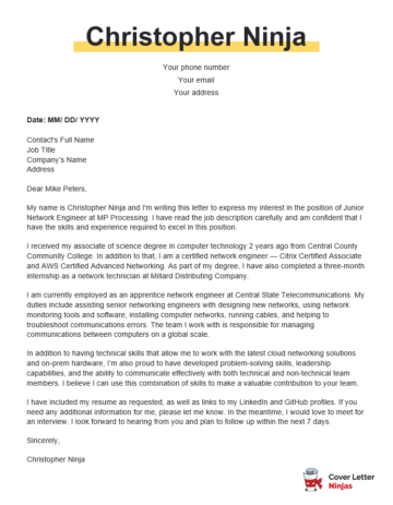 Compelling Cover Letter Example For Network Engineer Cover Letter Ninjas   Network Engineer Cover Letter Example 360x463 